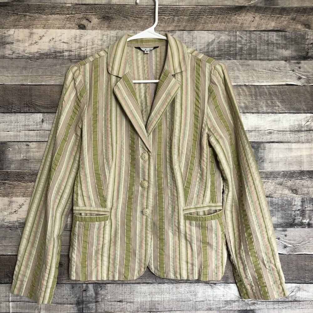 CABI #308 Womens Off White Green Striped Blazer Jacket Size 6 Cotton